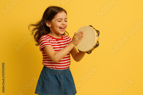 Little girl smiling, playing a drum in a sunny park, surrounded by colorful flowers and trees.