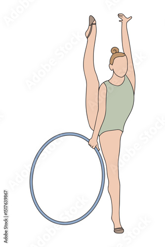 Elegant slim girl with a hoop - rhythmic gymnastics. Sportswoman with equipment in doodle style. Colored hand-drawn vector illustration. White background. Vector