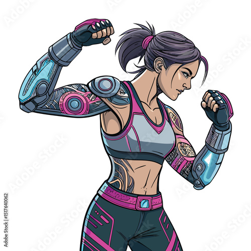 A fierce female cyborg fighter, powerful mech arms, vibrant glowing tribal tattoos, futuristic setting.