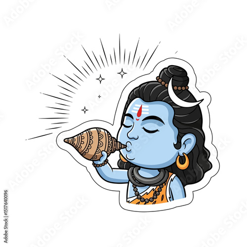Illustration of blue skinned shiva character blowing a conch shell with decorative elements and spiritual symbols