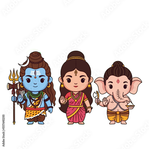 Illustration of Hindu deities Shiva Parvati and Ganesha in traditional attire holding symbolic items
