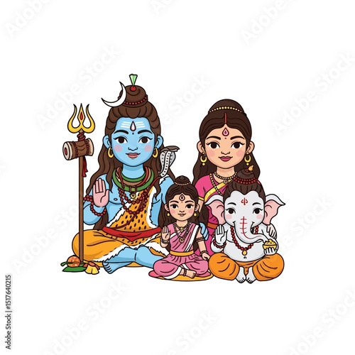 Illustration of Hindu deity family lord shiva goddess parvati lord ganesha and lord kartikeya together in vibrant colors