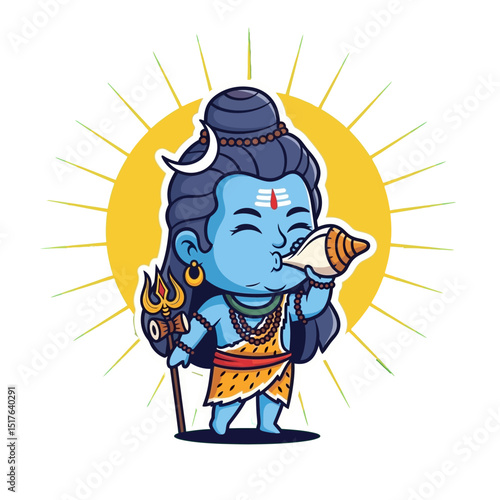 Cute blue cartoon representation of lord shiva blowing a conch with radiant yellow background