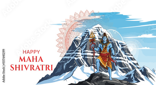 Illustration of lord shiva standing on a snowy mountain celebrating maha shivratri festival with a decorative background