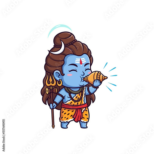 Cute chibi style depiction of blue hindu deity blowing sacred conch shell with trident in hand