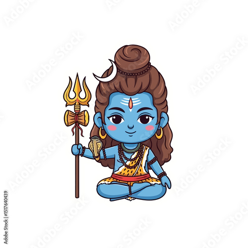 Illustration of a cute blue Hindu god character holding a trident in a meditative pose with cultural elements