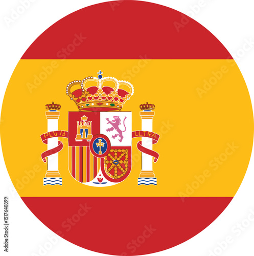 Spain Flag Circle with Crest in Gold and Red Isolated on White Background