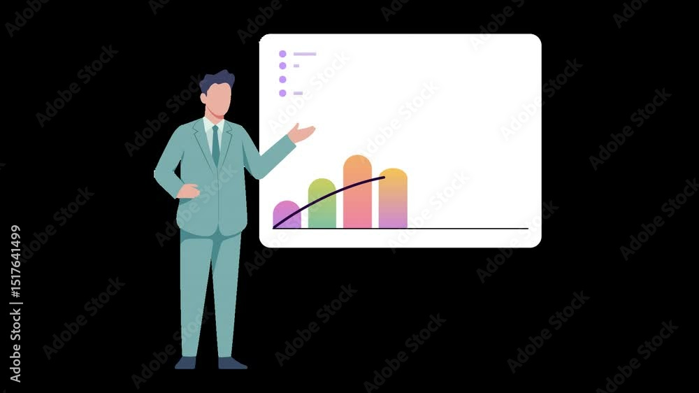 Faceless flat character points at a bar chart with hand and head movement. Backgroundless version with alpha channel for professional compositing. Soft colors, clean animation style.