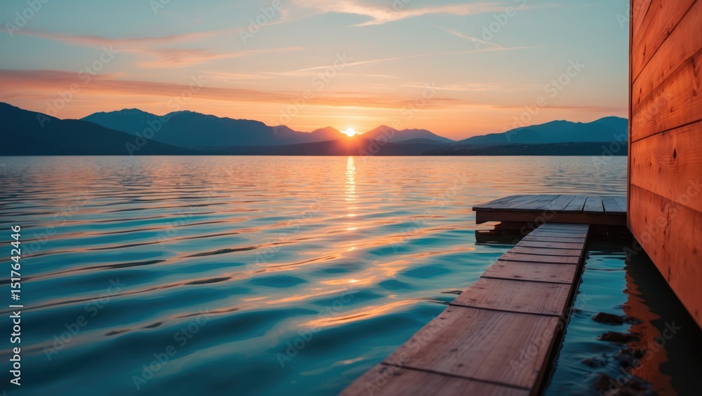 Obraz premium Serene lake house on stilts surrounded by mountains during a tranquil sunset with pastel skies