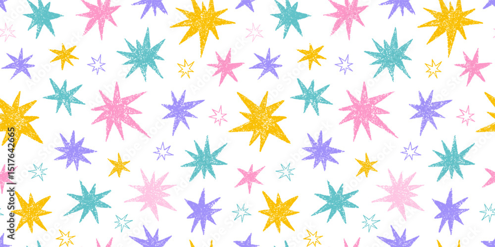 Crayon hand drawn doodle colorful stars seamless pattern. Childish pencil drawing cosmic sparks and sparkles. Vector texture background Crayon hand drawn doodle colorful stars seamless pattern. Childish pencil drawing cosmic sparks and sparkles. Vector texture background