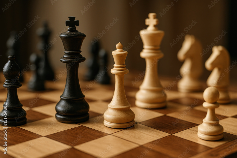 Black and white chess pieces on a chessboard, set for a strategic game. Black and white chess pieces on a chessboard, set for a strategic game.