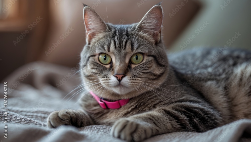 Vertical close-up of a small striped kitten with yellow eyes lying on a pink rug against a background featuring a house and cat face Vertical close-up of a small striped kitten with yellow eyes lying on a pink rug against a background featuring a house and cat face