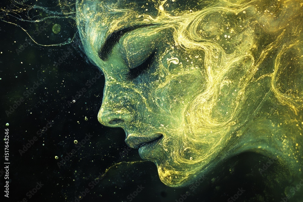 Ethereal portrait of a woman surrounded by luminous golden and green swirls in a dark aquatic environment Ethereal portrait of a woman surrounded by luminous golden and green swirls in a dark aquatic environment