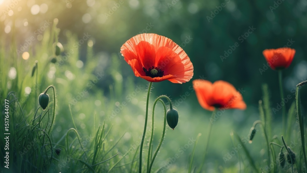 Obraz premium A vibrant red poppy blossoms elegantly in a lush green landscape bathed in sunlight.