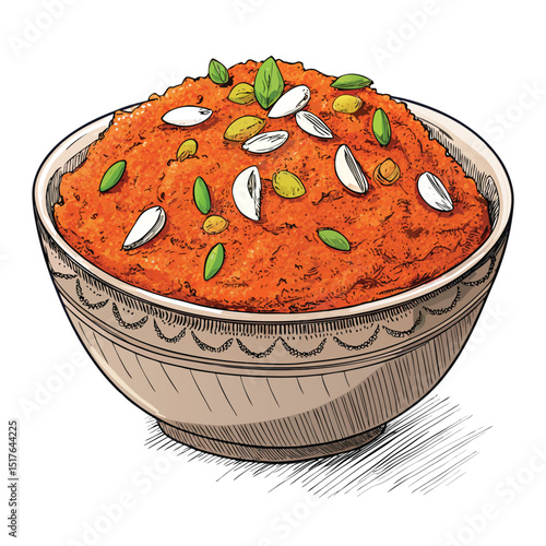 Close-up shot of a vibrant orange gajar ka halwa in a bowl, garnished with chopped pistachios and almonds.  Focus on texture and rich color.