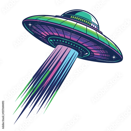 Generate a vibrant, glitching image of an RGB-trail-beaming UFO, showcasing alien technology and digital distortion effects.  Focus on intense color and dynamic movement.