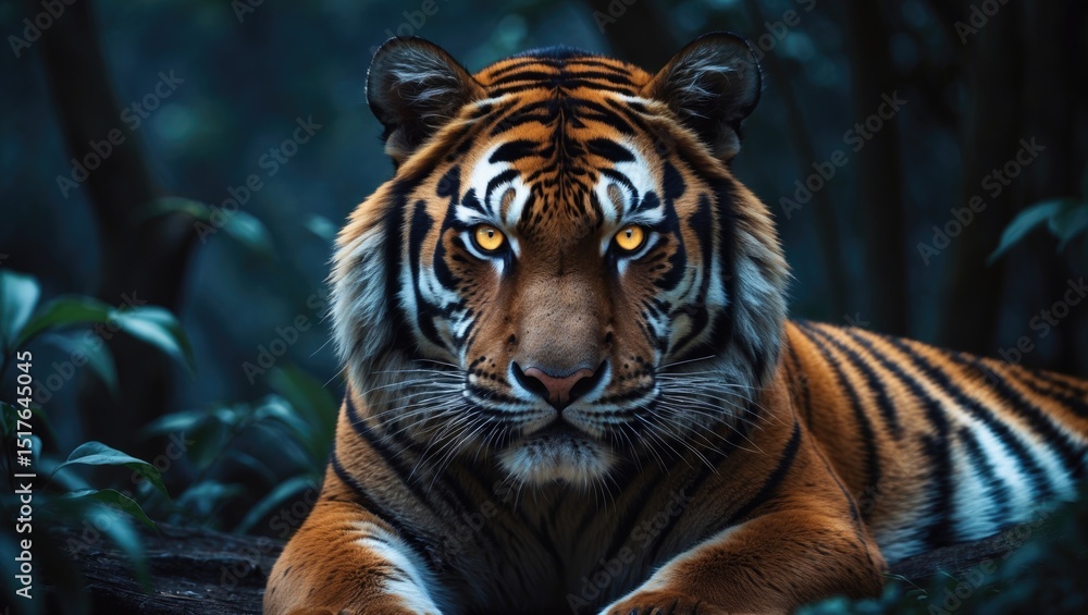 Fototapeta premium Majestic tiger resting on a face amidst vintage mountain background