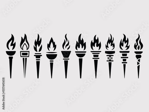 Row of Black Torch Silhouette Icons with Flames Isolated on Transparent Background