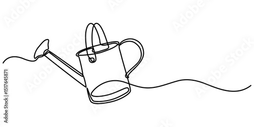Watering can, drawn with continuous line in minimalism, abstract, concept of garden, watering plants, gardening tools, water vessel, one line, editable vector contour.                                 