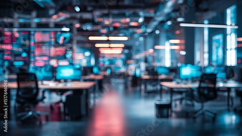 Wallpaper Mural Abstract Blurred Office Background Modern Workspace Technology Digital Business Interior Design Night Atmosphere Blue Red Neon Lights Empty Desks Chairs Corporate Setting           Torontodigital.ca