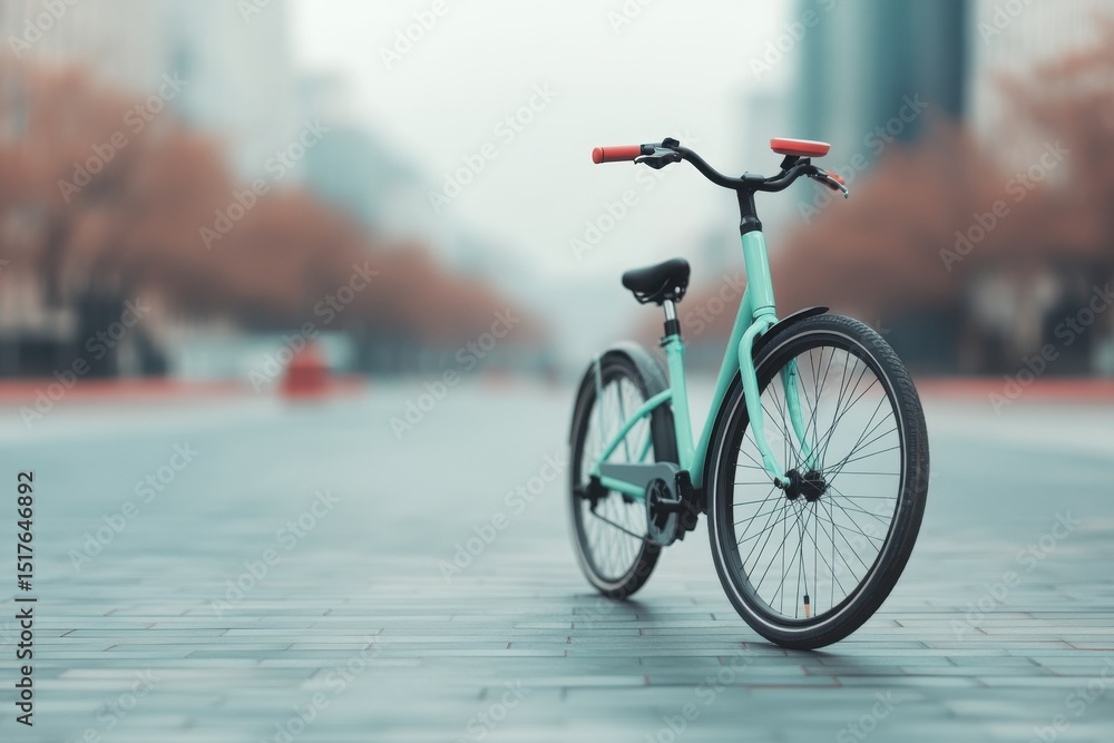 A turquoise bicycle stands alone on a city street with blurred buildings and trees in the background. A turquoise bicycle stands alone on a city street with blurred buildings and trees in the background.