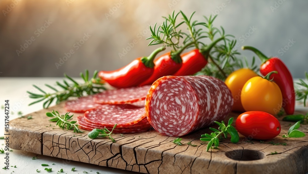 Assorted sausages with spices displayed on a light-colored table Assorted sausages with spices displayed on a light-colored table