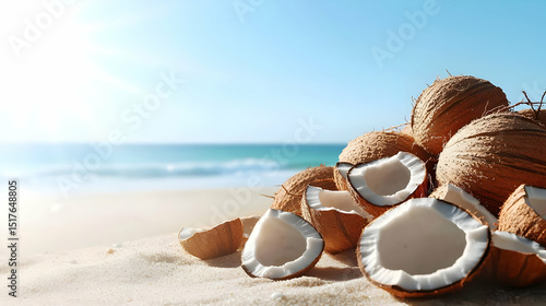 Pile Of Coconuts On Sandy Beach By Ocean