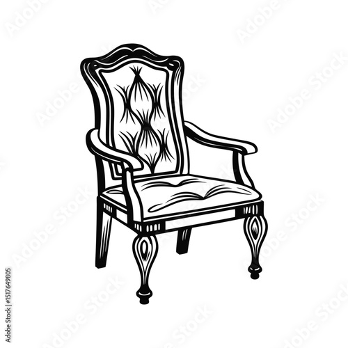 Elegant black and white hand drawn illustration of a classic armchair on a white background