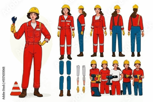 
Technician worker wearing overall uniform, protective goggle holding hammer tool. Character for animation. Front, side and back view set. Body parts, postures, poses collection. Vector illustration