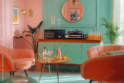 Wallpaper Mural Mid-century modern cocktail party with sleek furniture, pastel color tones, vintage glassware, and classy background music on an old record player Torontodigital.ca