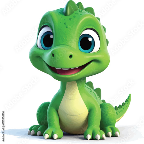 A cartoon illustration of a bright green baby dinosaur sitting and smiling on a white background on transparent background