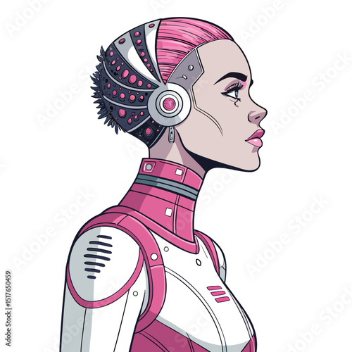 A stunning digital painting of a half-human, half-robot girl with large, pixelated cube earrings.  She should have a blend of organic and mechanical features.