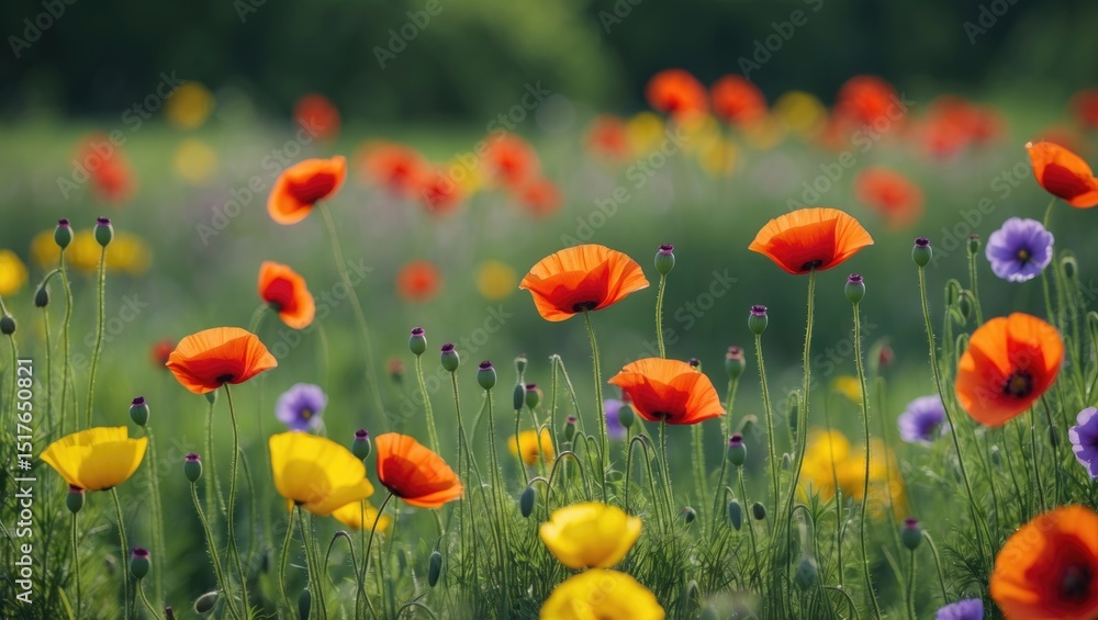 Fototapeta premium Bright red poppies flourishing in a natural landscape with green foliage, yellow wildflowers, and warm sunlight