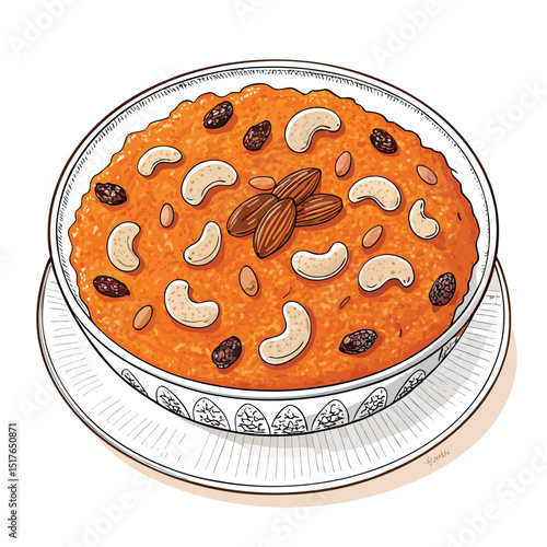 A close-up shot of a plate of delicious halwa, garnished with crunchy cashews and sweet raisins.  The halwa is a vibrant orange hue.