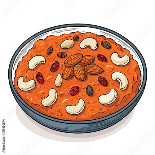 A close-up shot of a vibrant orange halwa, garnished with cashews and raisins, served on an elegant plate.