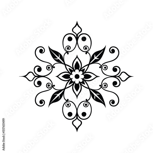 Elegant floral ornamental design in black and white with symmetric swirls and leaves