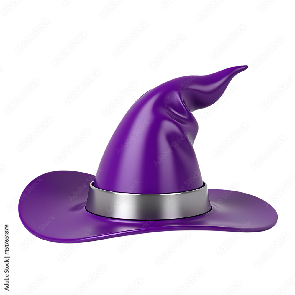 Naklejka premium A purple witch hat with a silver band isolated in a rendered style isolated on transparent background