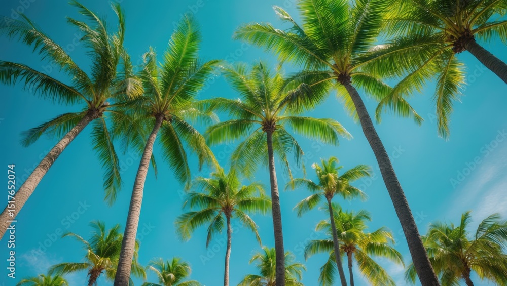 View from below of coconut trees reaching towards the sky, perfect for travel backgrounds. View from below of coconut trees reaching towards the sky, perfect for travel backgrounds.
