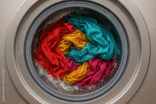 Colorful towels stuffed inside a washing machine.