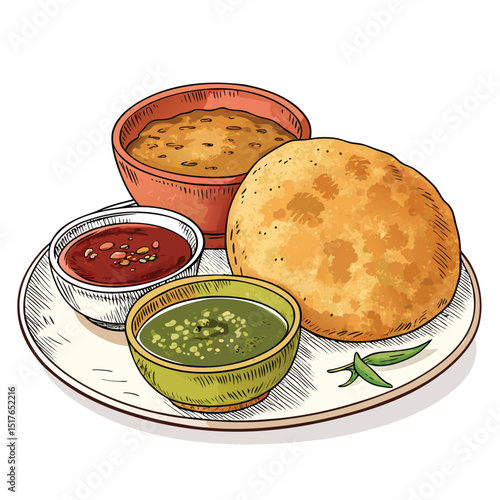 A crispy golden-brown kachori served alongside a vibrant bowl of both sweet and spicy chutneys.  Focus on texture and color contrast.