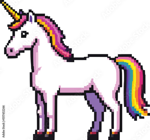 Pixelated unicorn with rainbow mane and tail standing on a white background in side profile view on transparent background