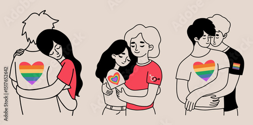 LGBTQ Couples in Love set. Cute Happy People gently hugging. LGBT community. Isolate hand-drawn Doodle. Vector Illustration for Pride Month, unity and equal love