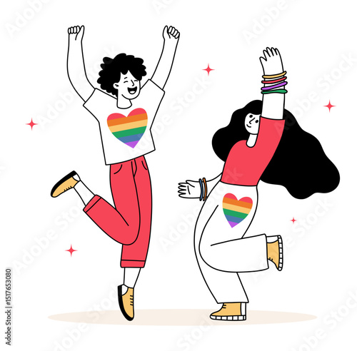 Happy LGBTQ Couple Dancing. Pride Month. People with rainbow heart symbols, celebrating LGBT Pride. Hand Doodle Drawing. Vector Illustration