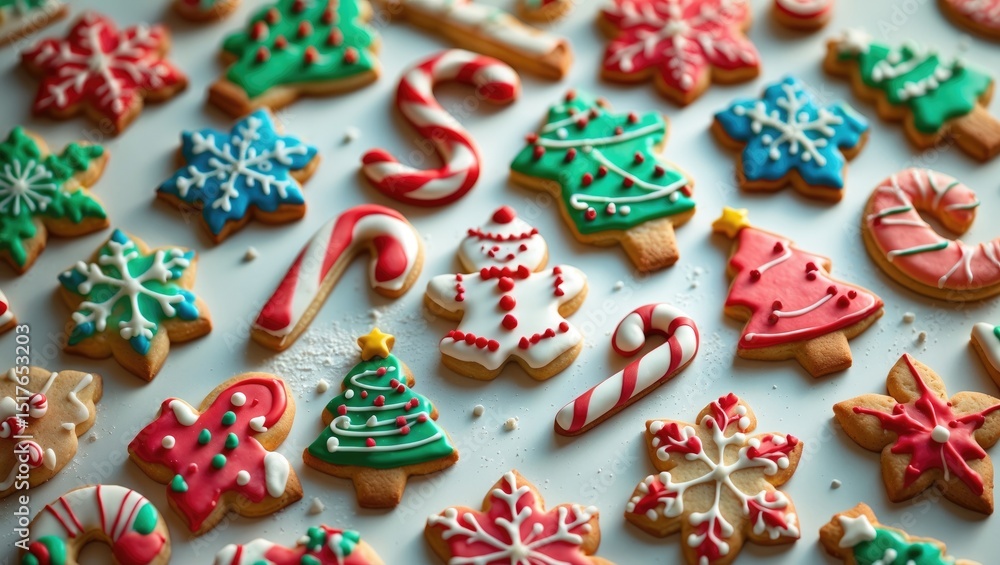 Holiday-themed baking display with a variety of sweet treats, cookies, and chocolates arranged on a white marble background, viewed from above Holiday-themed baking display with a variety of sweet treats, cookies, and chocolates arranged on a white marble background, viewed from above