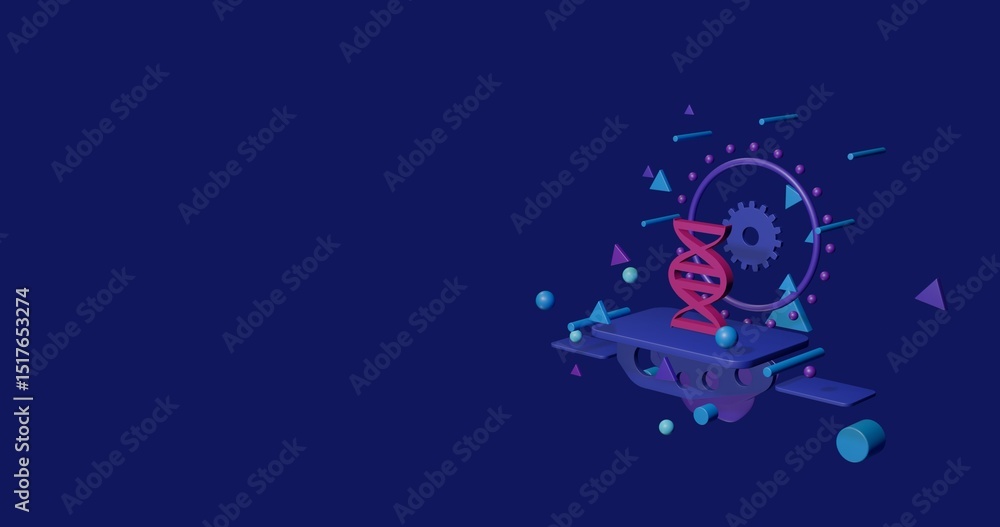Naklejka premium Pink dna symbol on a pedestal of abstract geometric shapes floating in the air. Abstract concept art with flying shapes on the right. 3d illustration on indigo background
