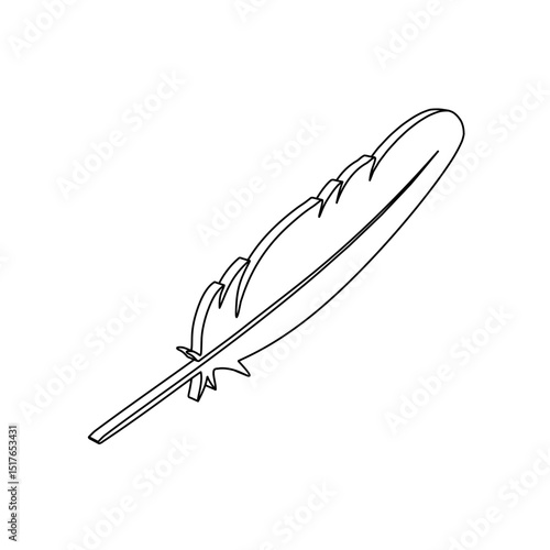 The outline of a large feather symbol is made with black lines. 3D view of the object in perspective. Vector illustration on white background