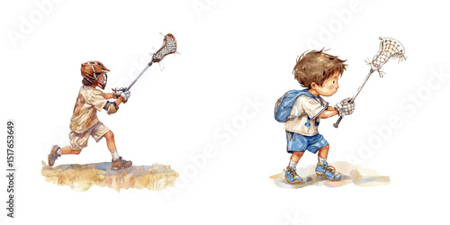 kid playing lacrosse watercolor vector illustration