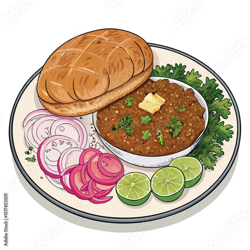 Close-up shot of a delicious Keema Pav dish, showcasing minced meat, vibrant onions, and fresh coriander garnish.  The pav bread should be visible.