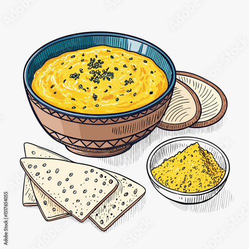 A steaming bowl of khichdi garnished with ghee, served alongside crispy papadums.  Close-up shot emphasizing texture and aroma.