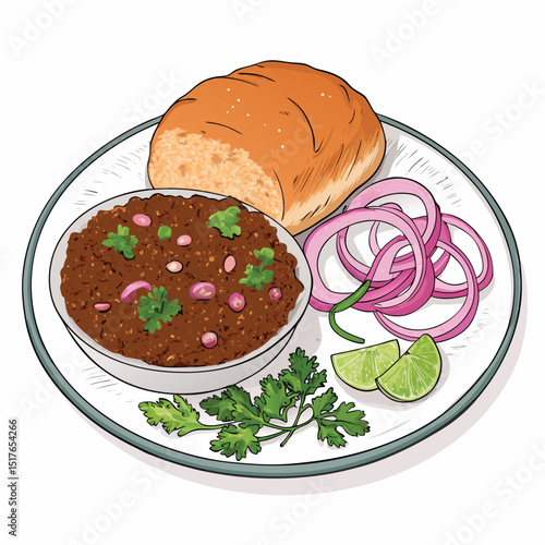 A vibrant close-up shot of a keema pav dish, showcasing minced meat, fluffy pav bread, fresh green coriander, and finely sliced onions.